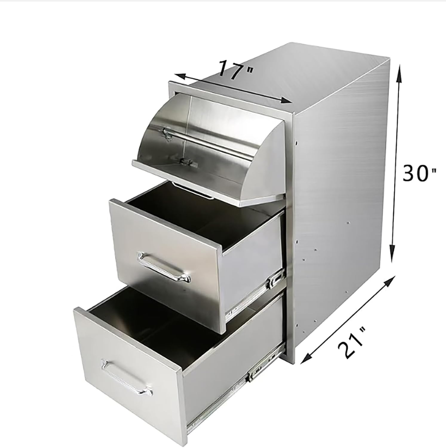 Ryan Outdoor Kitchen Drawers Stainless 17x30x21 Inch, 3-Tier Stainless Steel BBQ, Triple Access Drawers with Handle for BBQ Island Outdoor Kitchen