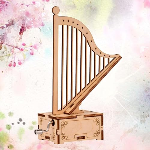 Miniatura 6 de Juego de 2 cajas de música de madera con forma de arpa, caja de música de manivela para niños, única para cumpleaños y vacaciones
