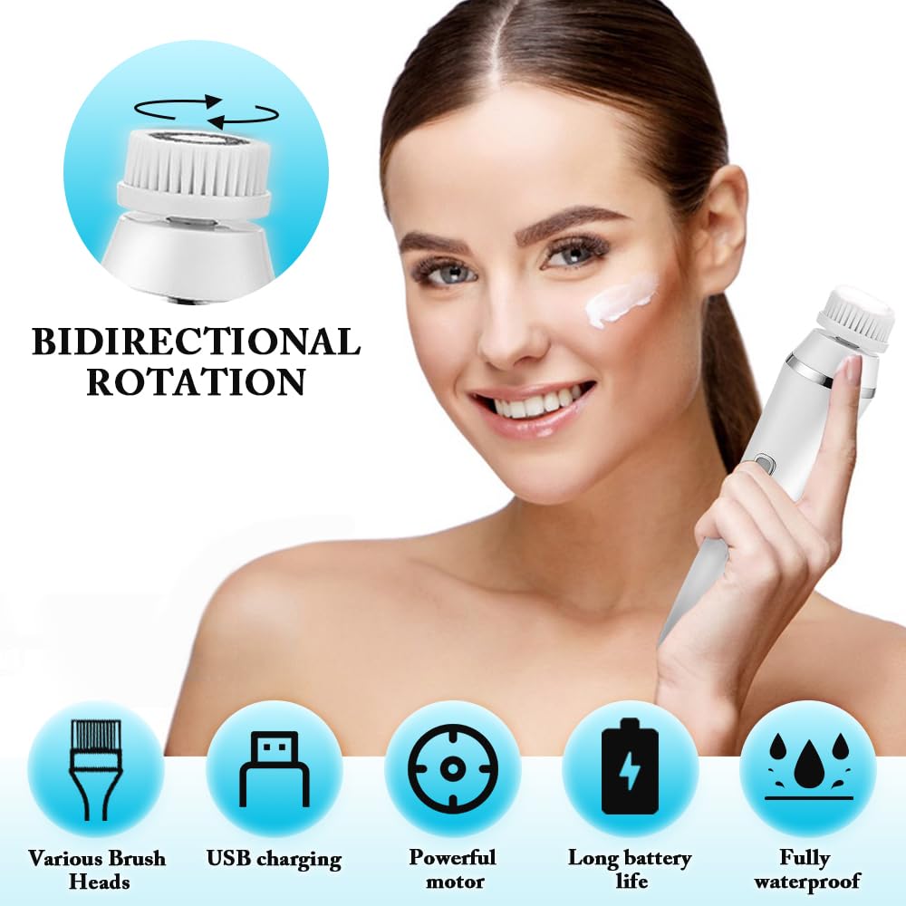 Brosse Nettoyante Visage Électrique, Rechargeable Brosse Visage Rotative avec 4 TêTes de Rechange Étanche Brosse de Nettoyage du Visage pour Nettoyage, Exfoliant et Massage du Visage