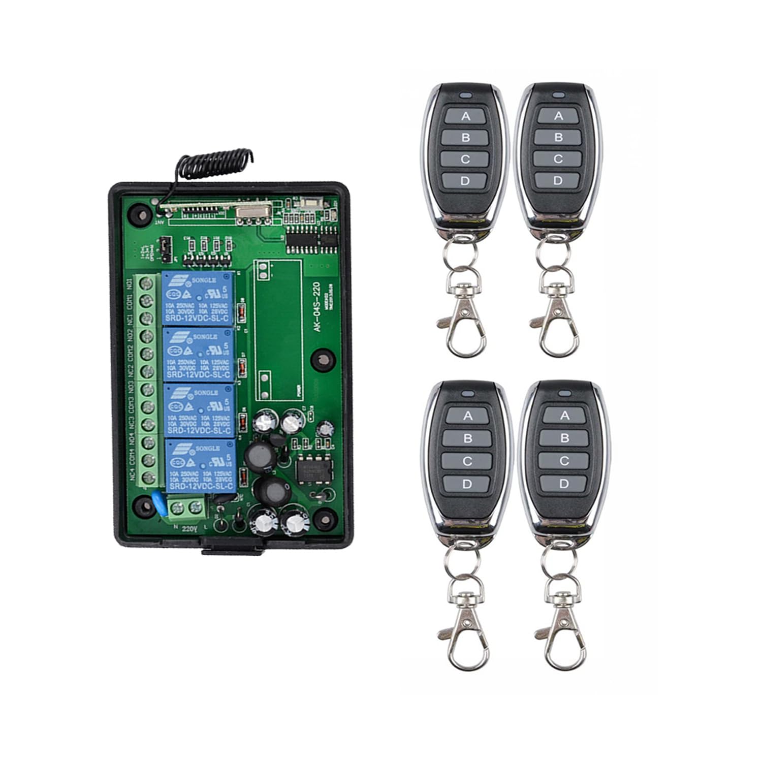 Telecomando RF 4 Canali 220V - Ricevitore Con 2 Telecomandi Per Luci, Tende, Porte Garage