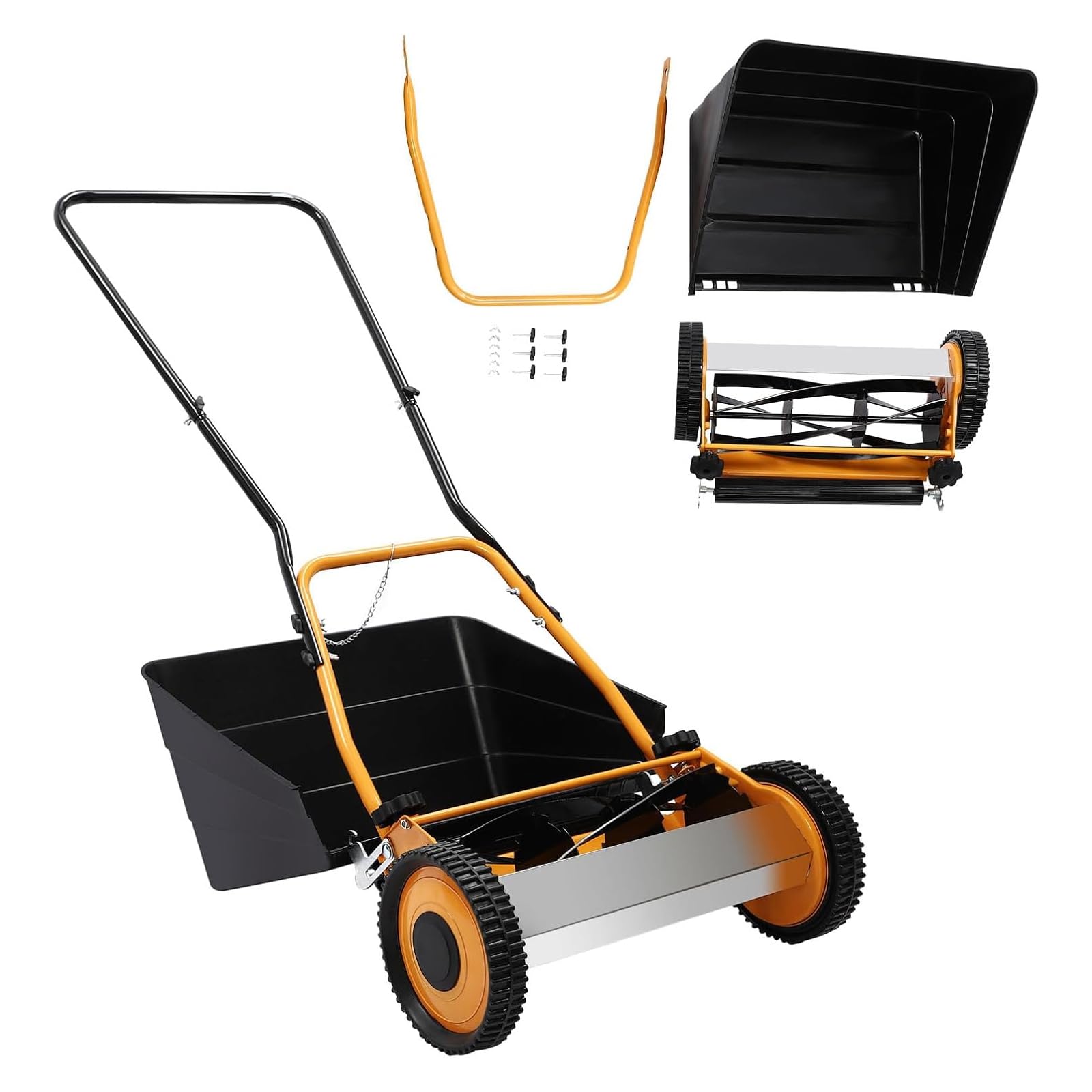 Cortacésped manual de 16 pulgadas, cortador de césped 2 en 1 con bolsa de pajita, altura de corte ajustable, ideal para patios pequeños y jardines
