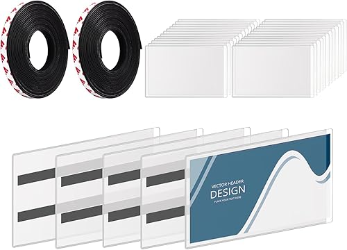 50 bolsillos magnéticos para etiquetas de 3 x 5 pulgadas con 2 rollos de tiras magnéticas para etiquetas de estante con apertura lateral, etiquetas