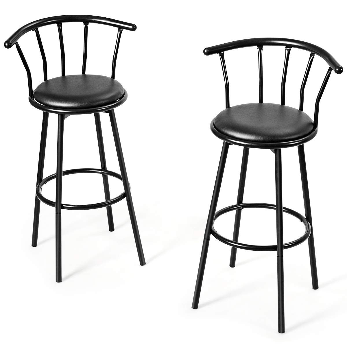Giantex Set of 2 Round Bar Stools with Footrest and Backrest, 360° Rotating, for Kitchen, Restaurant, Cafe, Black