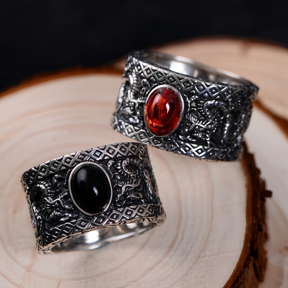 ForFox Anello Doppio Drago Cinese in Argento Sterling 925 Nero con Pietra per Uomo Donna
