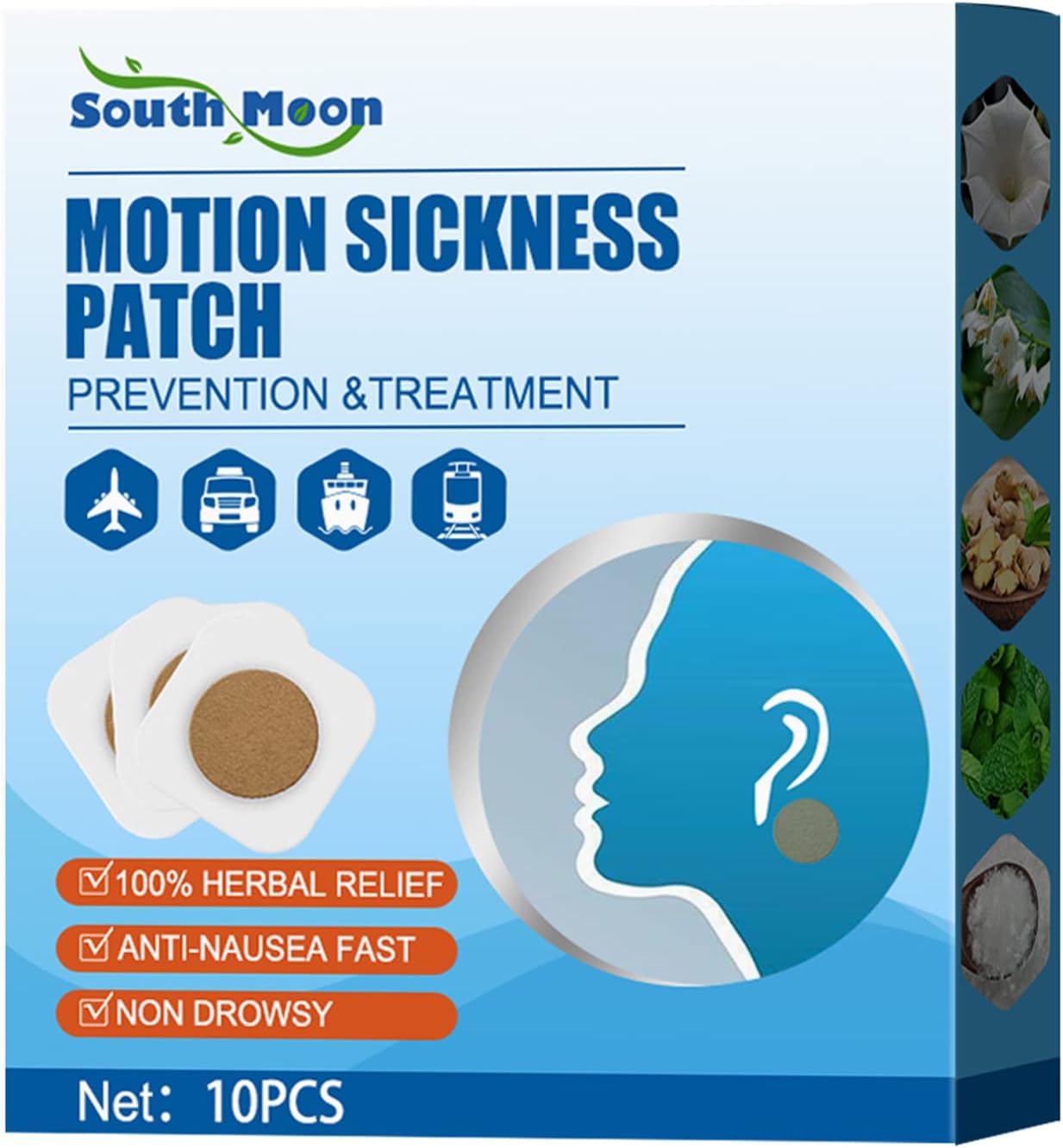 Pruie 10Pcs/Box Motion Sickness Patches Herbal Relief Non Drowsy Travel