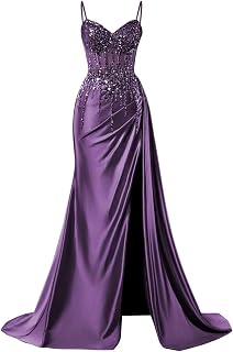 Sparkly Beaded Satin Prom Dresses with Slit Lace Appliques Spaghetti Strap Long Mermaid Evening Gown