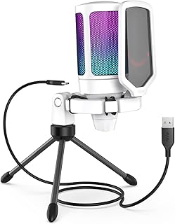 Fifine PC Gaming USB Desktop Microphone, Clear Voice for Streaming, Podcasting, Recording, Online Game, RGB Condenser Cardioid Computer Mic with Shock Mount, Pop Filter-White A6W