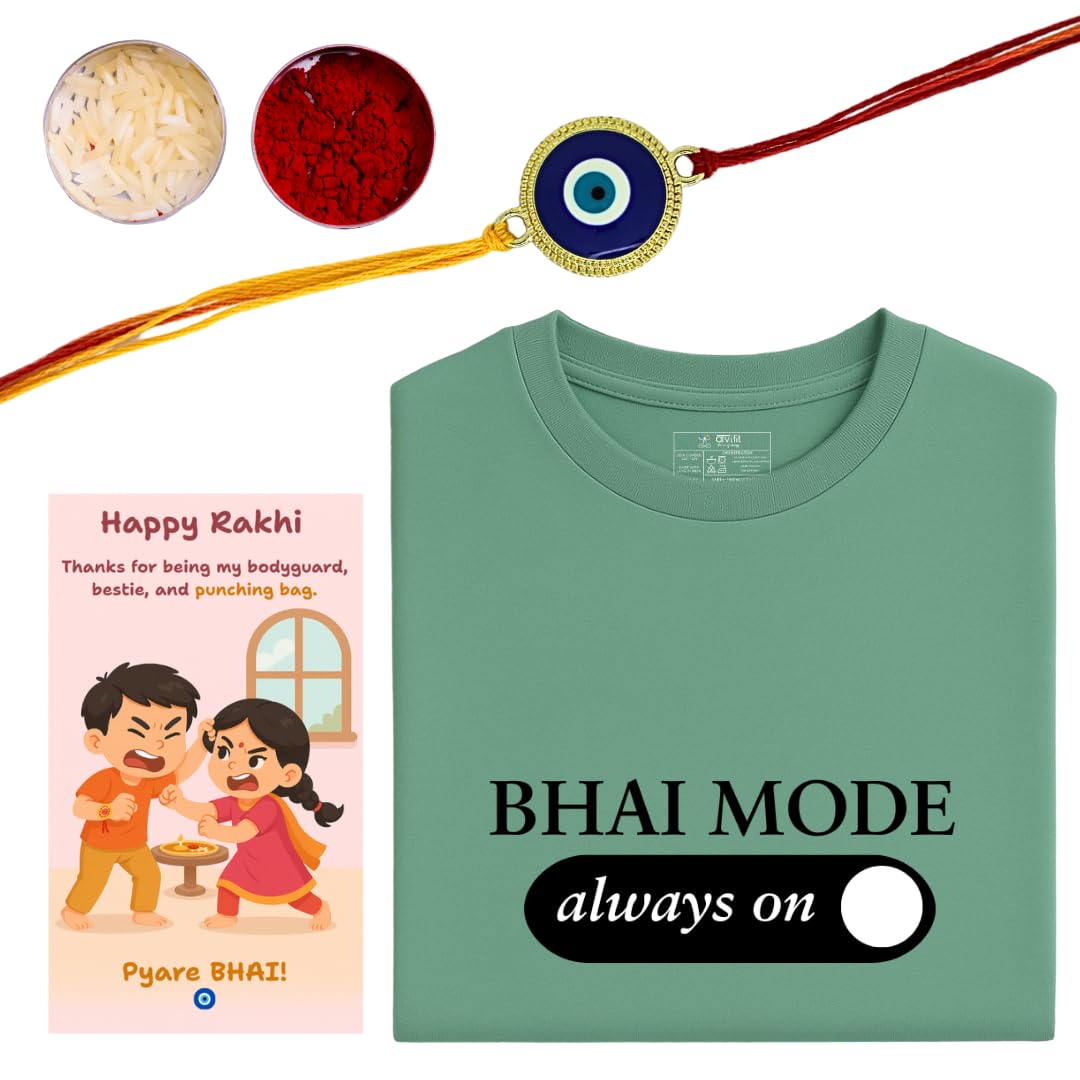 Bhai Mode Always On Combo with Evil Eye Rakhi,Cotton T-Shirt, Roli Kumkum & Festive Card | Raksha Bandhan Gift for Brother-image-45