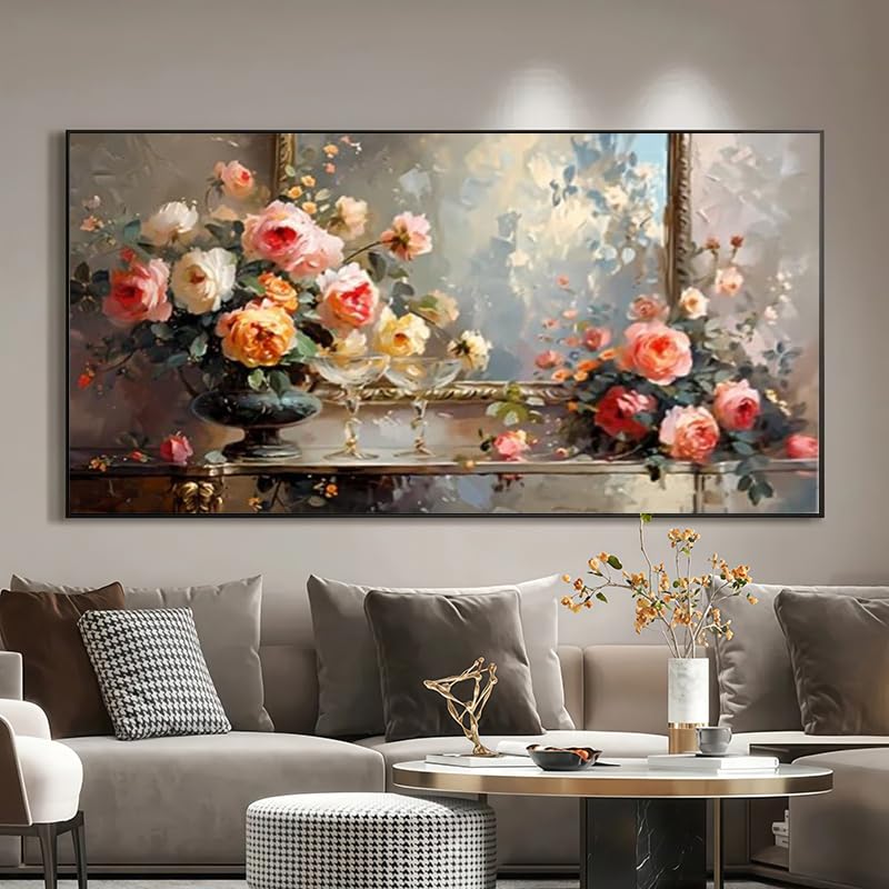 Art mural pour salon chic avec cette grande toile moderne au motif floral abstrait