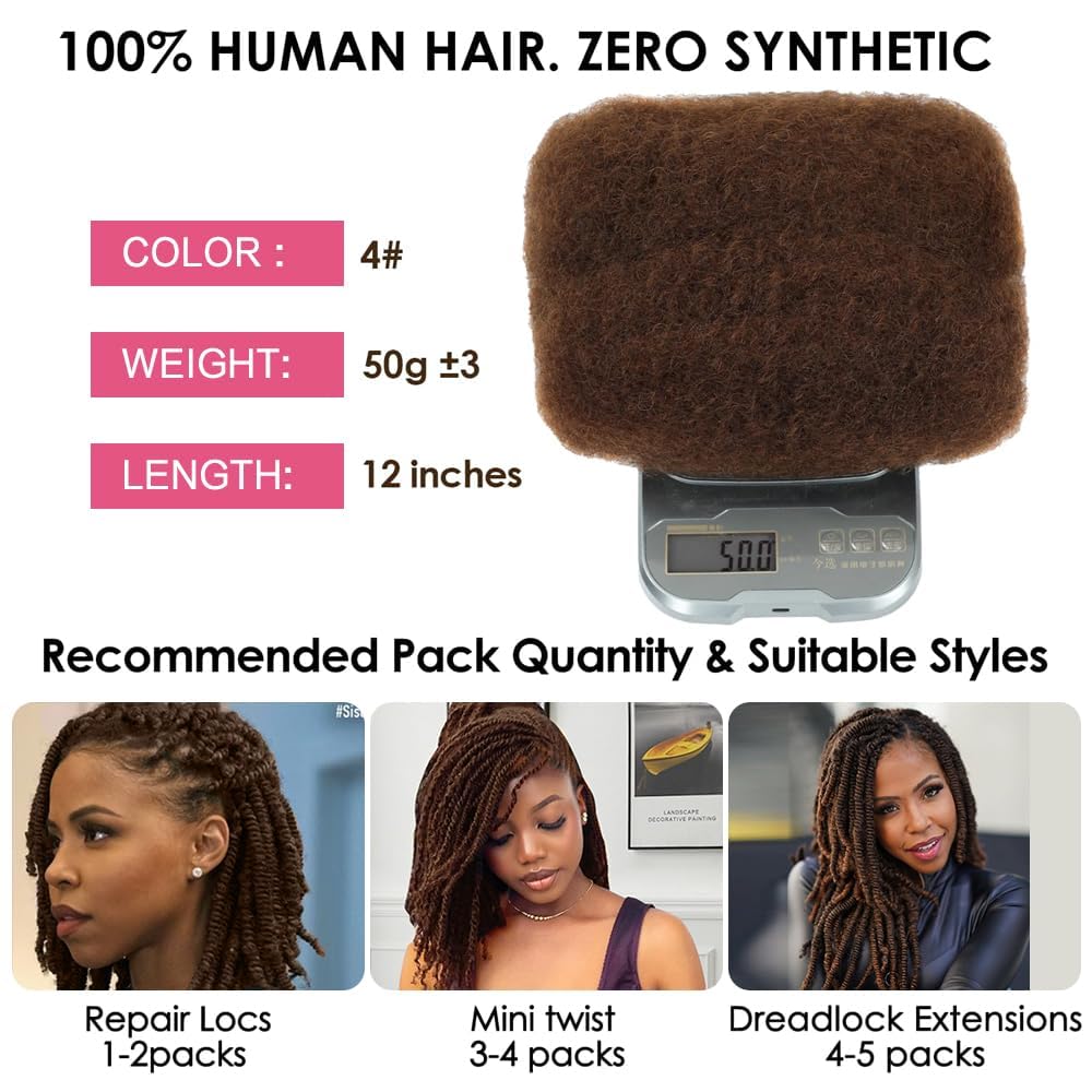 Afro Kinkys Bulk Human Hair for Twist 1 Pack 50 Gram Human Braiding Hair Dreadlocks Extensions Repair Locs (4#, 12 Inch)