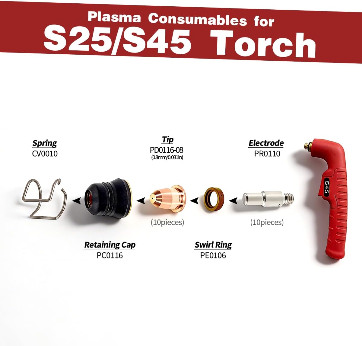 S45 / S25 PR0110 Plasma Cutting Electrode PD0116-08 Tip/Nozzle 0.8mm 0.030'' Consumables Fit Trafimet/Klutch 275i & 375i Plasma Cutter PK-20