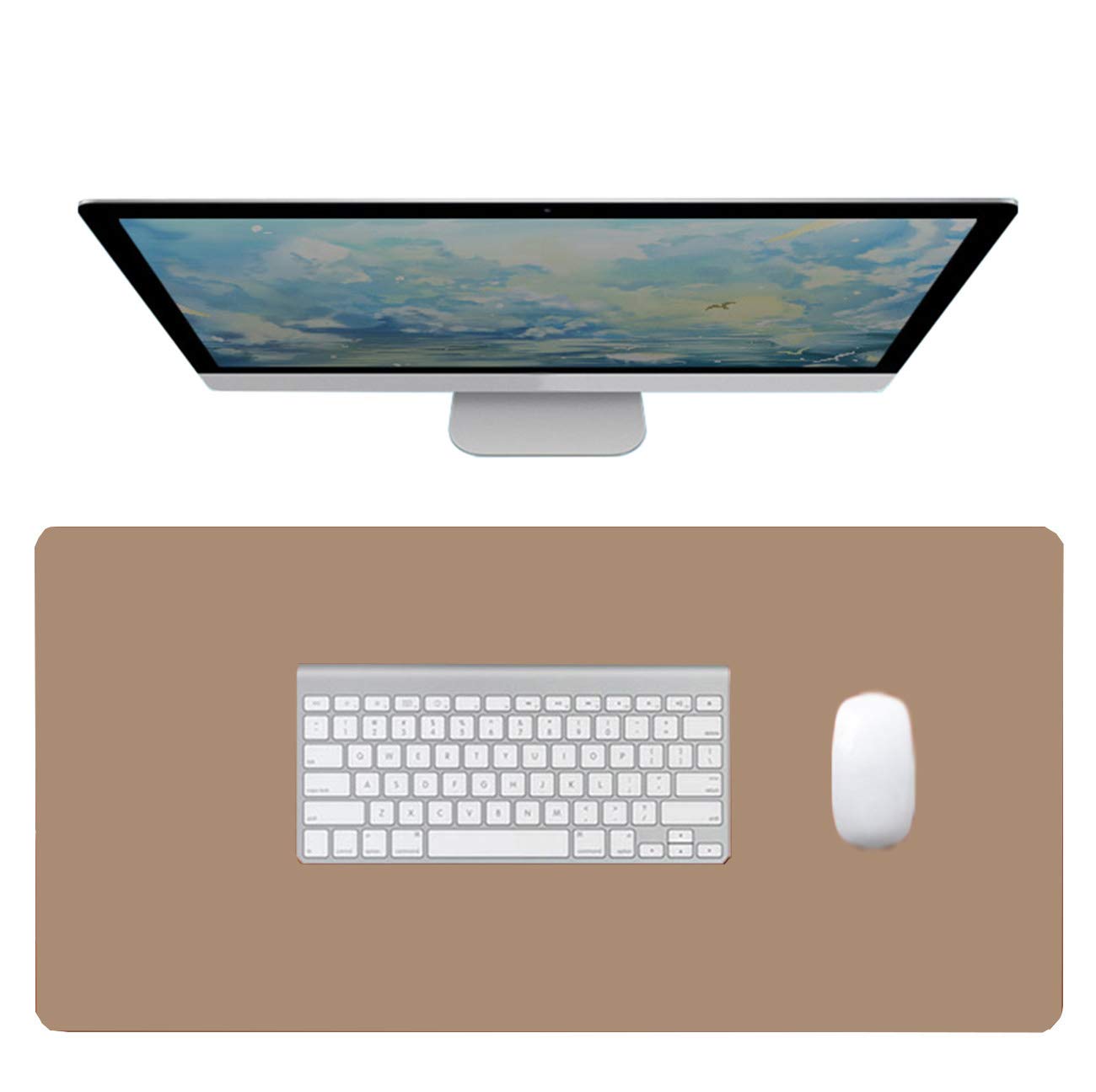 NOEINA オフィス用品 PUレザー デスクマット テーブルマット マウスマット 学習机マット 大型 両面 多機能 防水 耐久性 カ—キ色+グレー 90×43cm