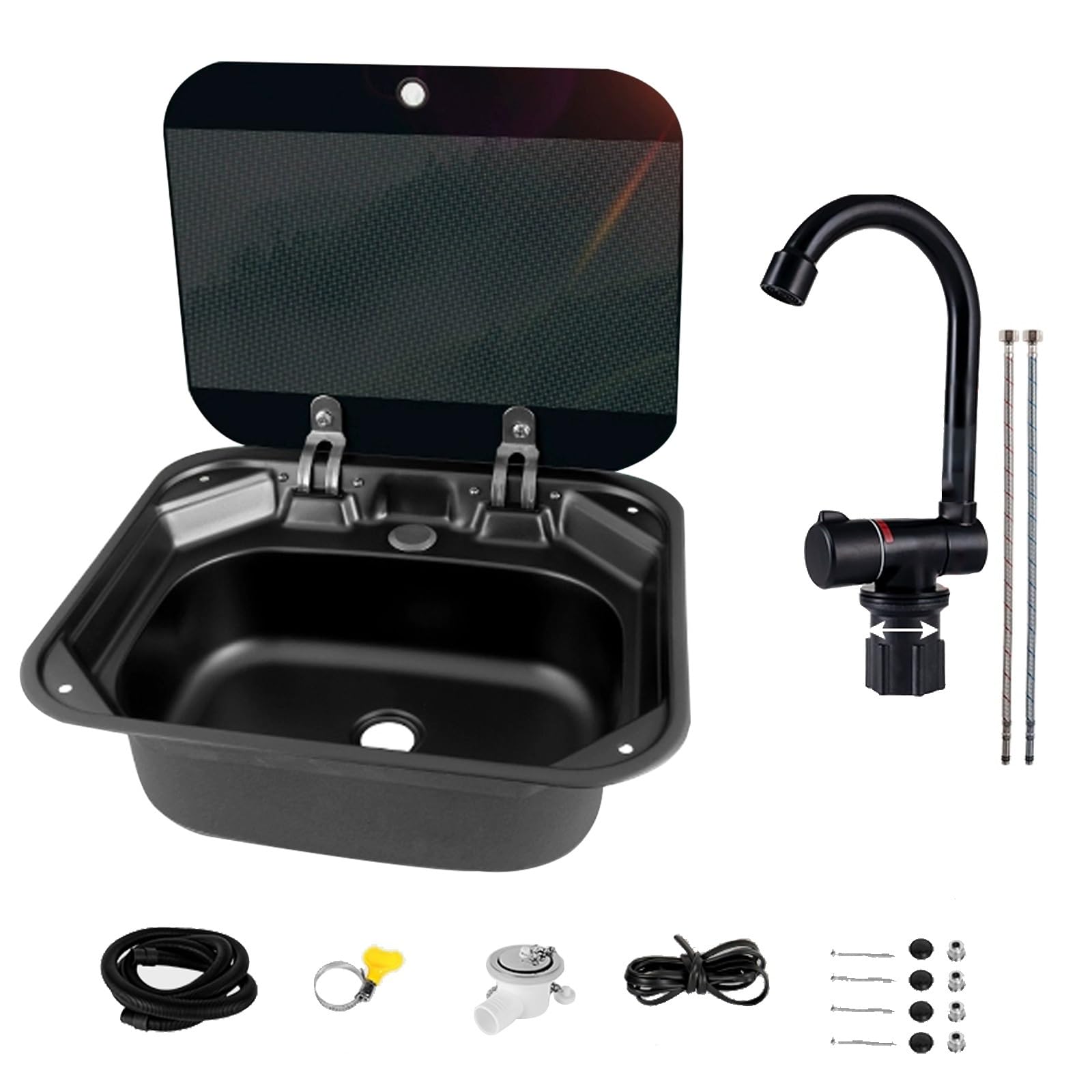 Spülbecken Edelstahl, RV Wohnmobil Spülbecken mit Klapphähnen Und Glasabdeckungen, mit Wasserzulauf- Und -ablaufgarnitur, für Wohnmobilanhänger, Caravan Und Yachten, 42x37x15cm, Schwarz