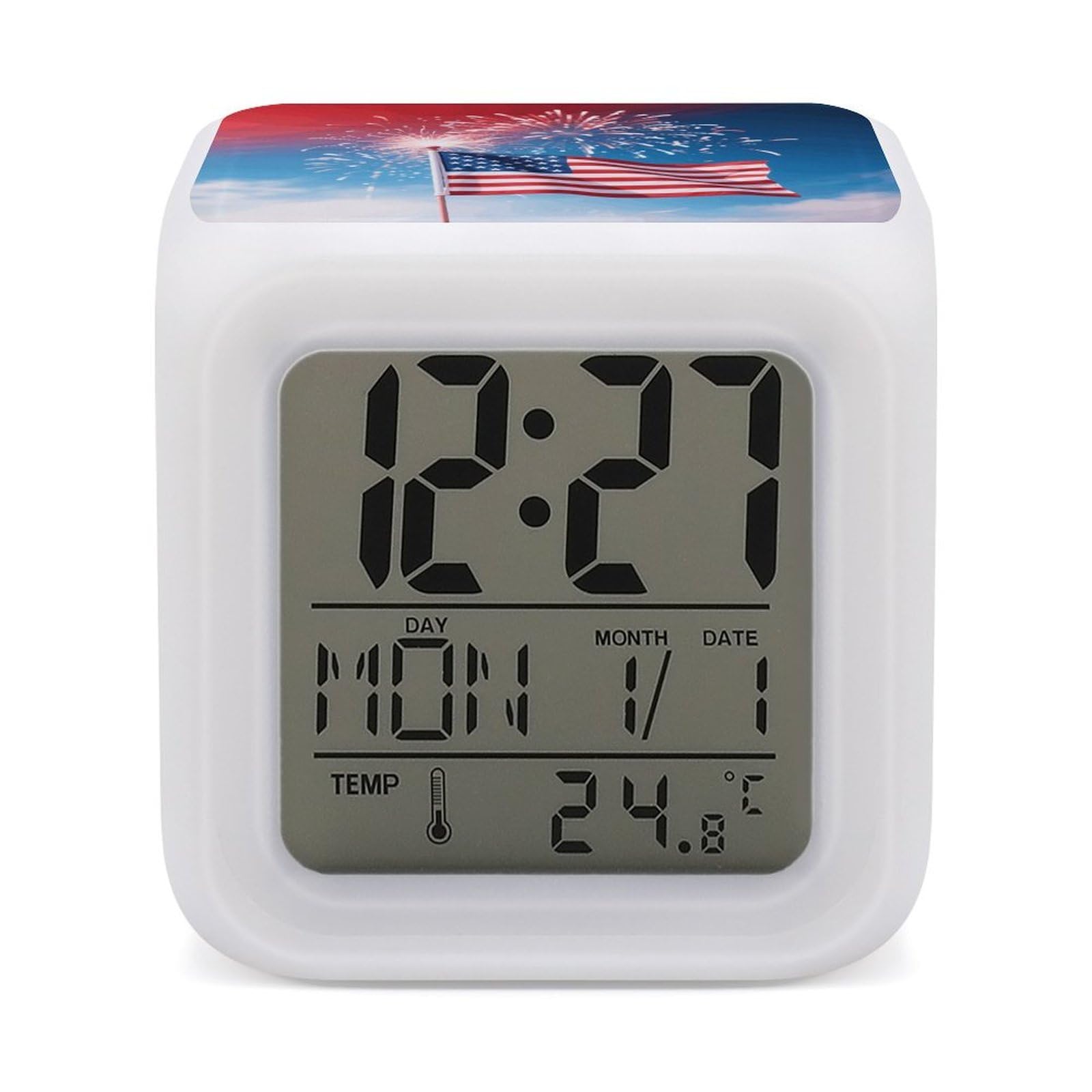 FodPand 7 Color Ambient Night Light Cube Battery Operated Fireworks Digital Clock with Snooze Temperature LED Digital Alarm Clocks Dimmable Wake Up Light Portable Mood Lamp for Bedroom Desk Gift