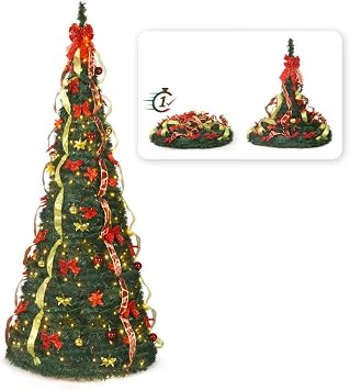Fencer Wire Pre-lit 7.5 FT Fake Pop Up Christmas Tree with Green Metal Stand, Pre-Hinged, Foldable, w/ 2 Red & Golden Ribbon, 450 LED Lights, for Home, Party, Office, Indoor Decoration