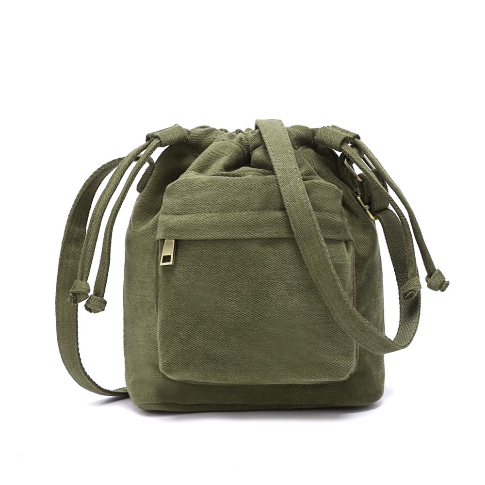 Small Drawstring Bucket Purse for Women Cute Little Canvas Crossbody Bag Shoulder Handbag for Teen Girls, Darkgreen, S