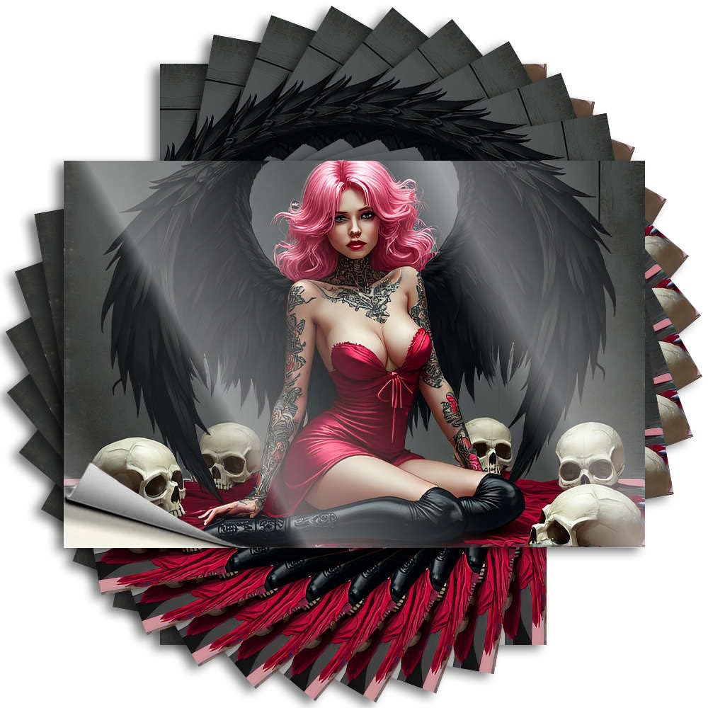 Decals - Cute Bumper Tattooed Angel with Black Wings and Skulls. for Ideas Bar Cart Decor(8X12CM)