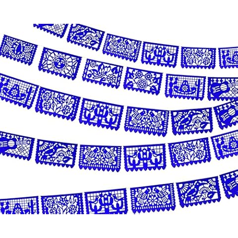 Blue Papel Picado Banner Medium, Fiesta Party Supplies, Royal Blue Mexican Banner Flags, Paper Garlands Perfect for Birthdays, Bridal and Baby Shower, Weddings, quinceaneras, Taco bar 5pk|60ft|Paper Cover
