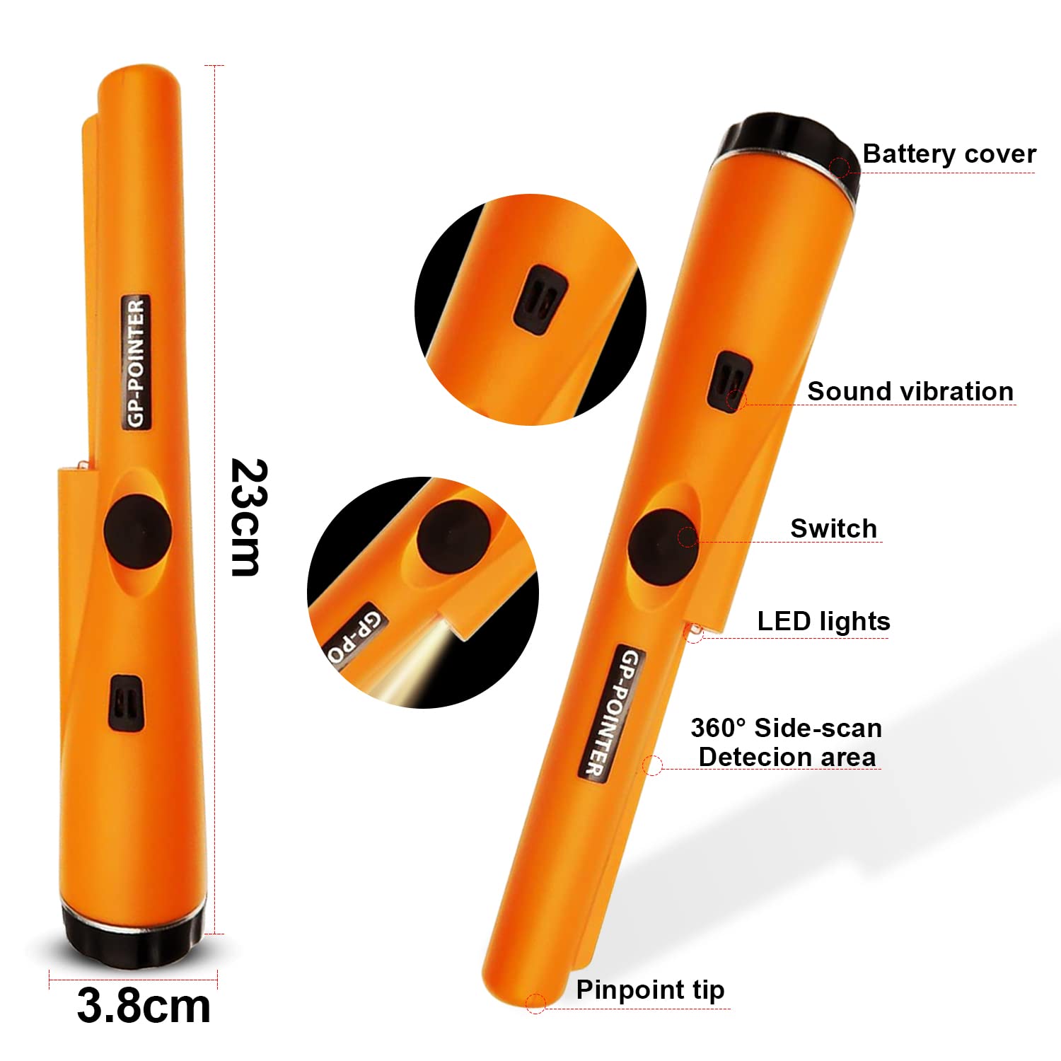 Pinpointer Metal Detector Adulti e Bambini, Metal Detector Professionali Impermeabile IP66 Metaldetector Portatile con Indicatore LED Integrato, Luce di Allarme e Batteria per Caccia di Oro Tesoro