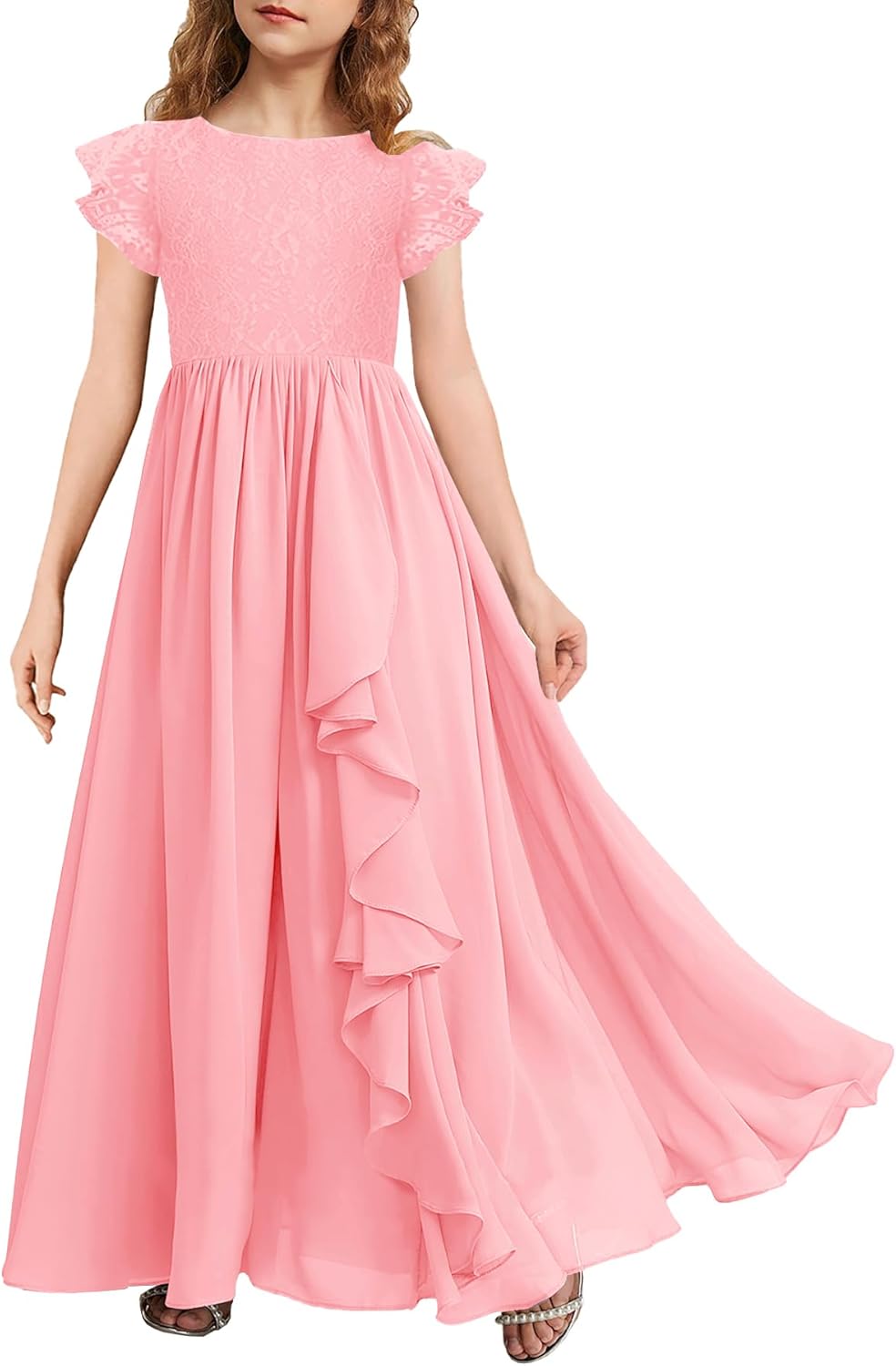 MITILLY Girls Lace Flower Maxi Dress Ruffle Sleeve A-Line Flowy Junior Bridesmaid Chiffon Dresses for Wedding Party