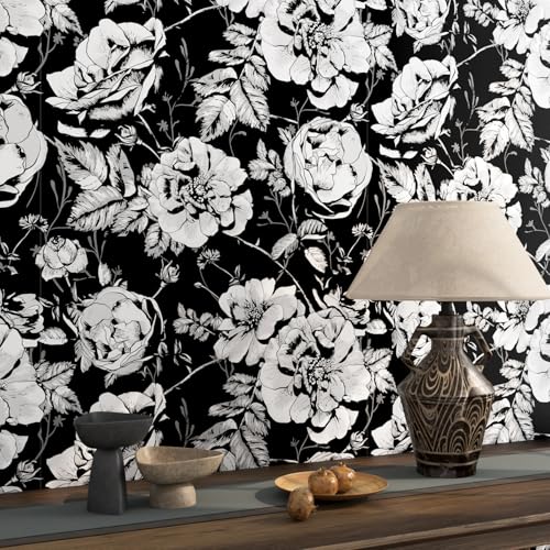 FunStick Self-Adhesive Wallpaper Black and White Flowers Gothic W...