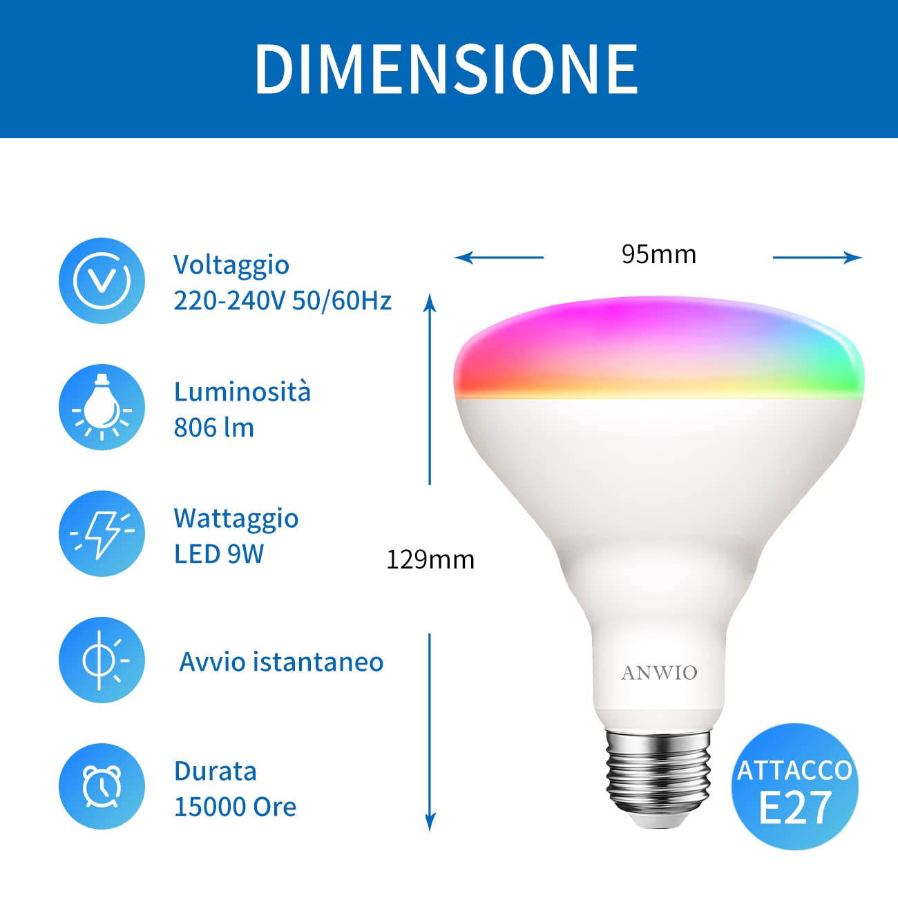 ANWIO Lampadina Alexa, Lampadina Smart, 8.5W Equivalenti a 60W, 806Lm,Lampada Smart Wifi E27 con Telecomando Compatibile con Alexa, Echo and Google Assistant, RGB Intelligente Dimmerabile,4 Pcs