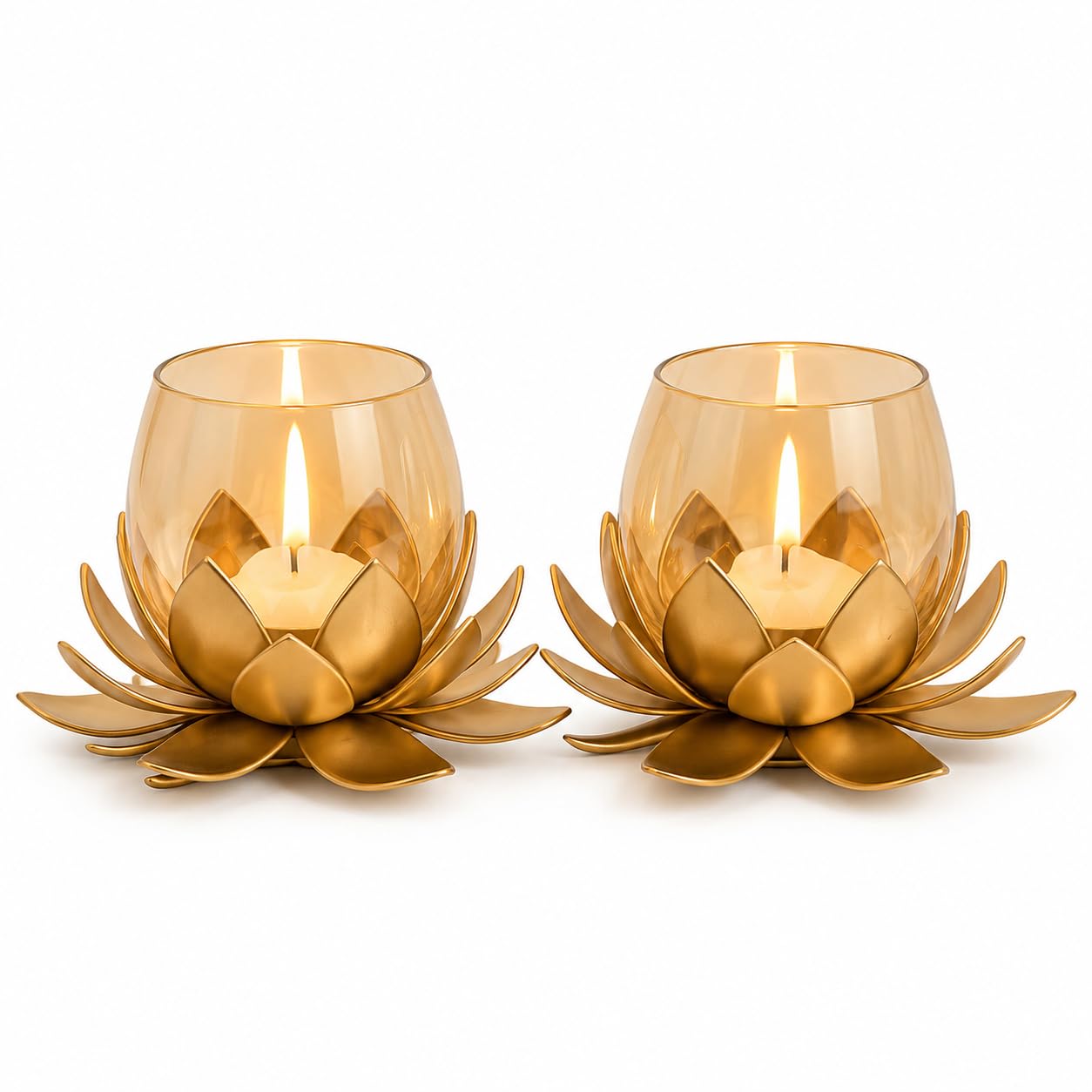 Luxury Gold Lotus Glass Candle Holder Set | Elegant Tealight Votive Candle Stand for Home Decor, Living Room, Wedding, Diwali & Festive Decoration-image-48