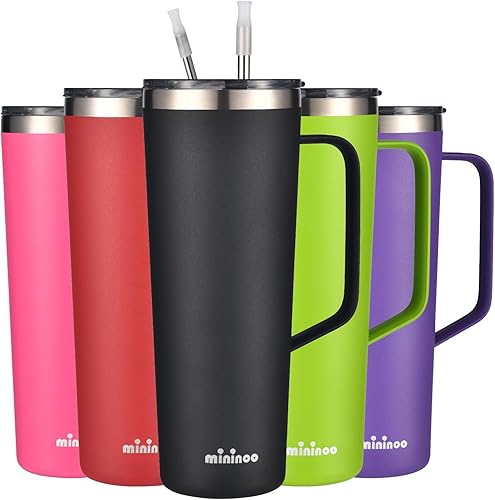 Vaso aislado de 24 onzas con asa, taza de café aislada al vacío de doble pared con tapa y popote, a prueba de fugas (rojo)