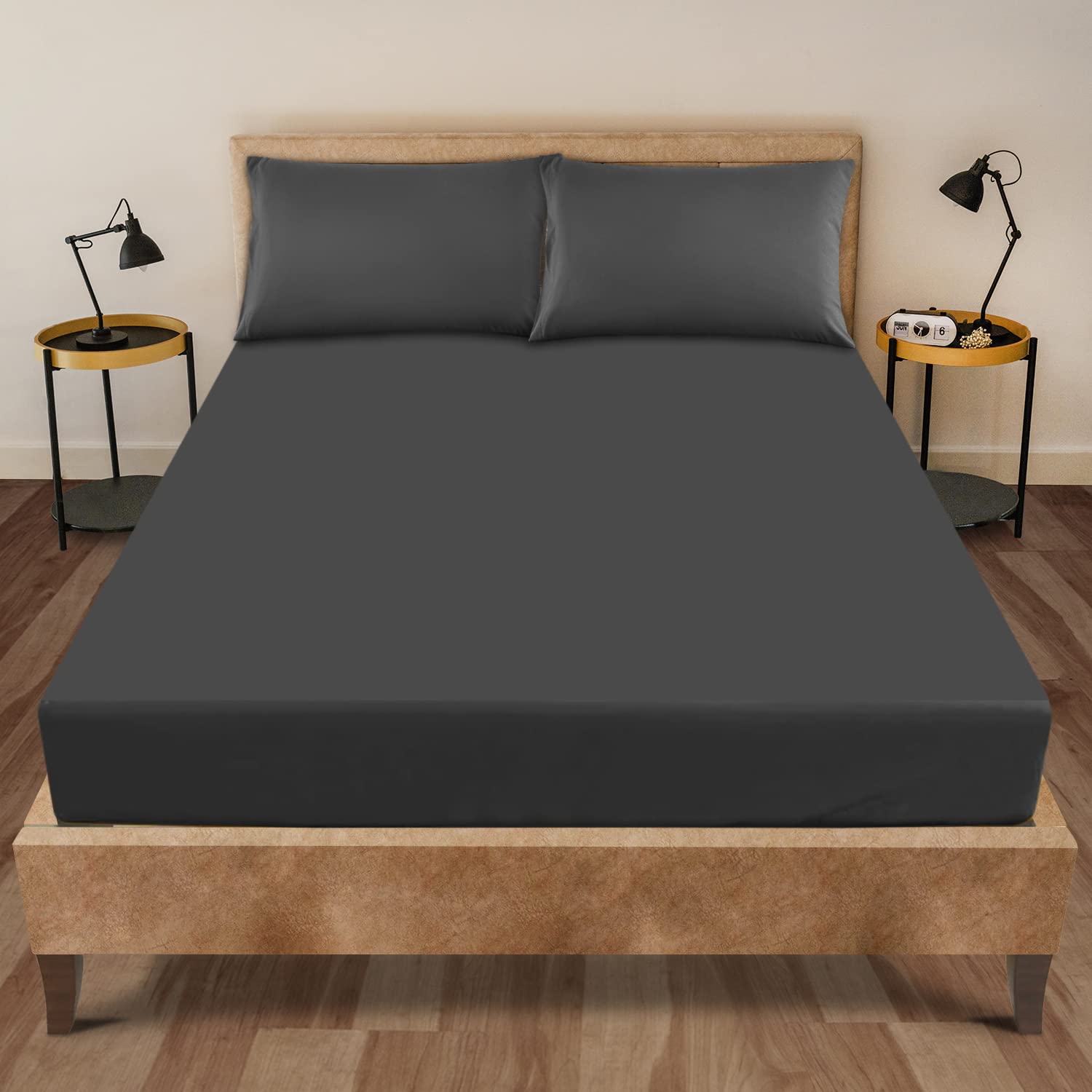 GC GAVENO CAVAILIA Fitted Sheet & Pillowcases, Polycotton, Charcoal, 4Ft Double