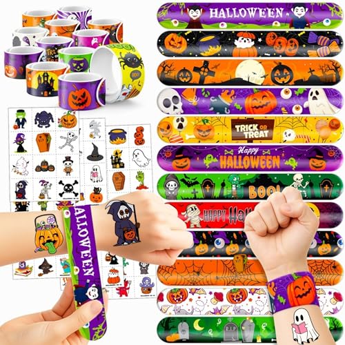 144PCS Halloween Party Favors Decorations, Tattoos & Slap Bracelets