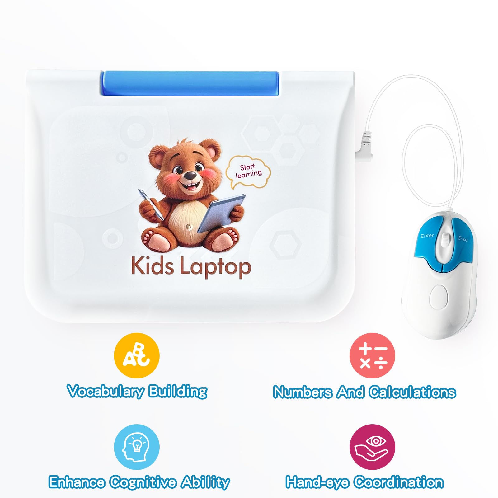 Computer educativo per bambini, colore blu, display a colori, mouse per imparare l'inglese, 62 attività, giochi di matematica, regalo educativo per ragazze dai 5 anni in su