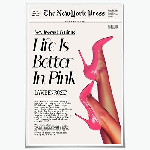 Arte de pared de tacón alto de color rosa oscuro, retro Life Is Better In Pink Positive Quote Poster, Vintage Rosy 70s Newyork Press impresiones en