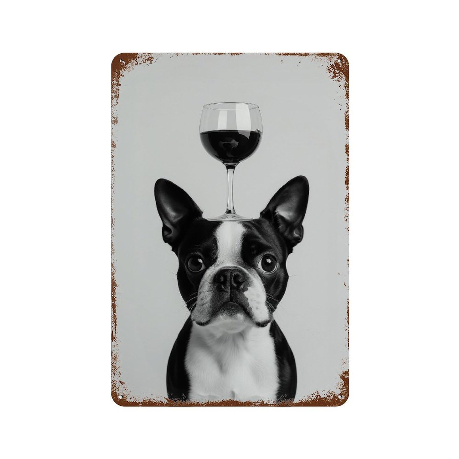xiaoxiaoshen Boston Terrier Balancing Wine Glass Print Wall Decor Art Metal Tin Poster Modern Home Decor Art Home Bar Shop Decorations Vintage Sign 30x20cm