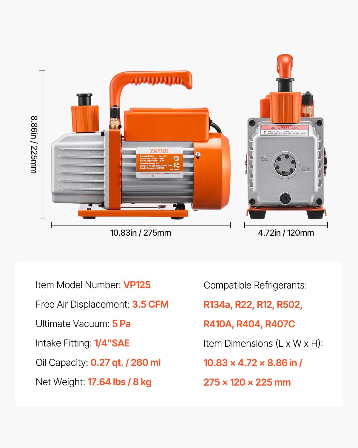 VEVOR Pompa per Vuoto e Manometro AC 1,65 L/s, ad Aria HVAC a Palette Rotanti Monostadio, Kit Manometro per Collettore Refrigerante A/C, con Tubi, Refrigeranti R134a R12 R22 R502a R410A R404 R407C