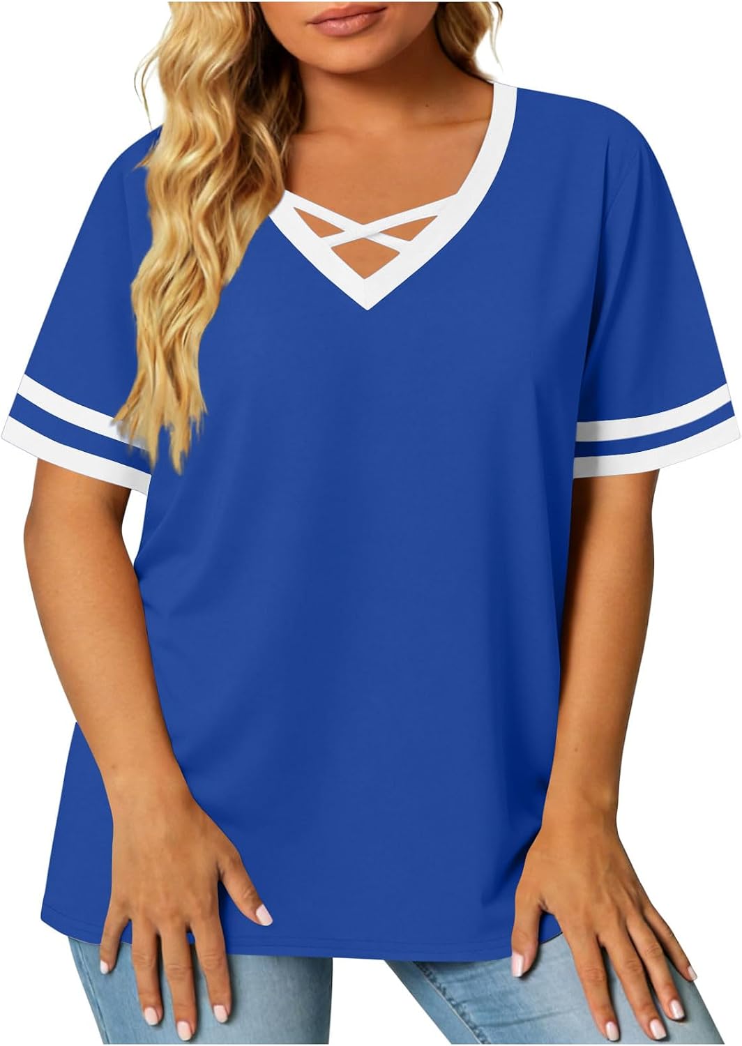Women's Lace Up V Neck Shirts Short Sleeve Striped Splicing Blouses Splicing Loose Plus Size Tunic Tees