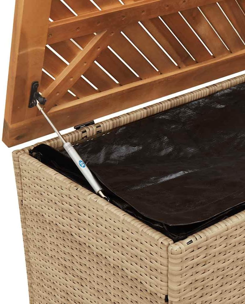 vidaXL Patio Storage Box Beige Poly Rattan/Acacia Wood Bench Seat - 43.3"x19.7"x21.3" with Water- Bag & Gas Spring Lid