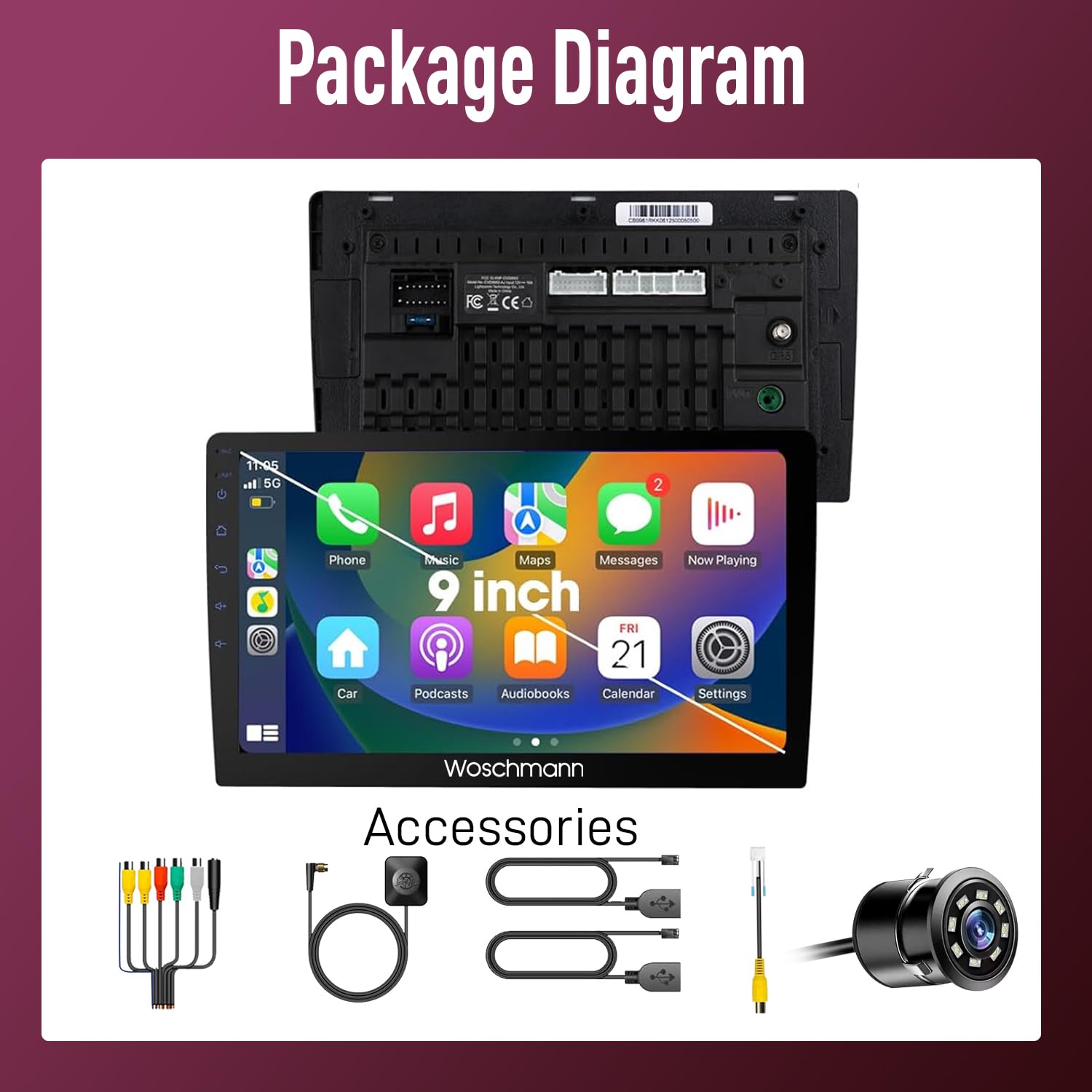 Woschmann-9 Inch Car Android Double Din Player 2GB/32GB Capacitive Touch Screen Quad Core Proceessor 1080P HD Screen, Latest Android Version 12 BT 5.0, Wi-Fi, GPS, USB 2.0, Navigation,Free LED Camera — Amazon image 4