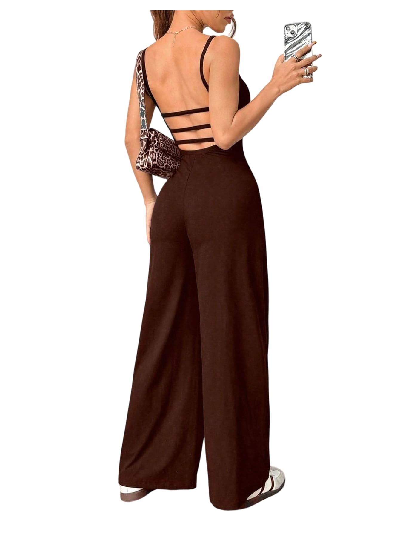 Photo 1 of OYOANGLE Women's Strappy Backless Jumpsuits Wide Leg Sleeveless One Piece Summer Outfits Rompers Overalls Coffee Brown Large