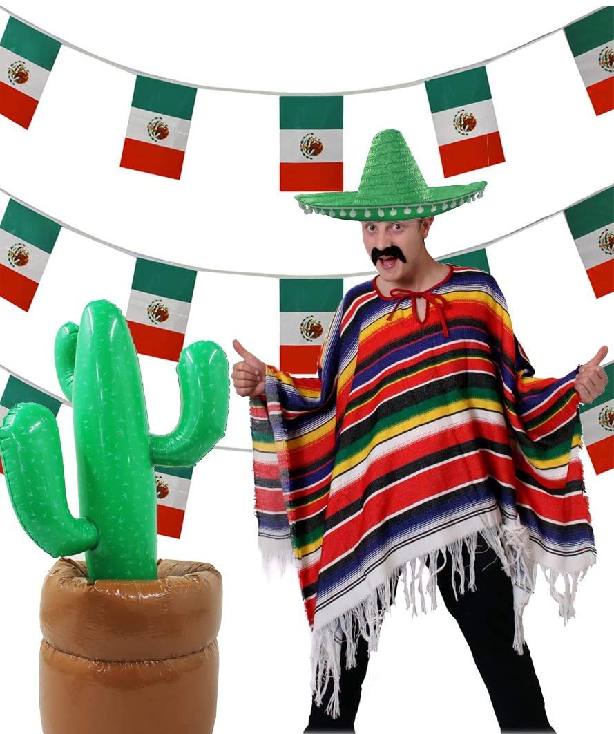 I LOVE FANCY DRESS LTD MEXICAN PARTY SET. GREEN SOMBRERO + MULTICOLOURED PONCHO + MEXICAN FLAG BUNTING + INFLATABLE CACTUS. IDEAL FOR: CINCO DE MAYO | MARDI GRAS | MEXICAN THEMED EVENTS