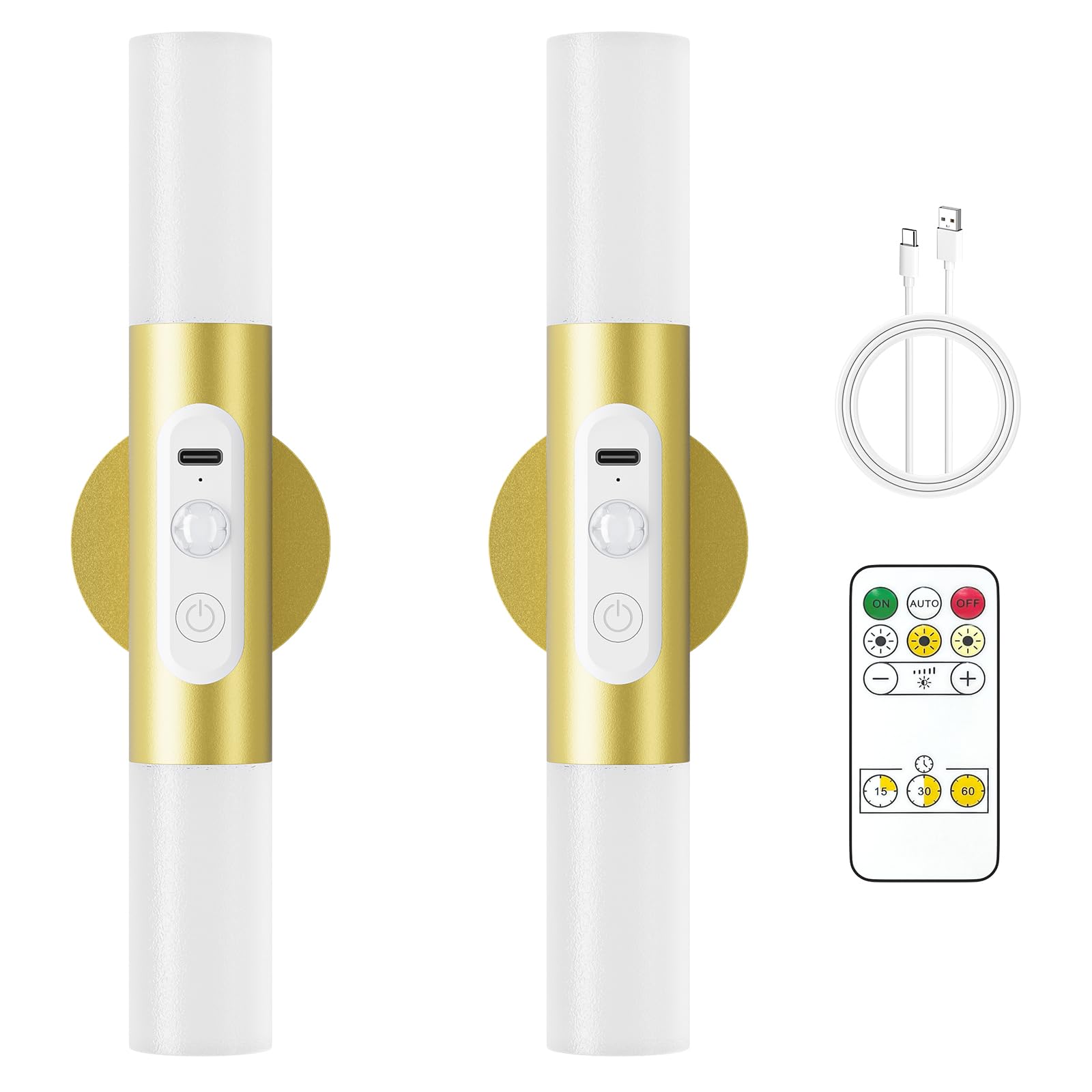 Hensam Bewegungsmelder Wandleuchte mit Fernbedienung, Kabellose Wandlampen mit Akku für Schlafzimmer, LED Nachtleuchte für Innenbereich - Wohnzimme, Flur, Treppenhaus, Wandbild, Gold, 2er-Set