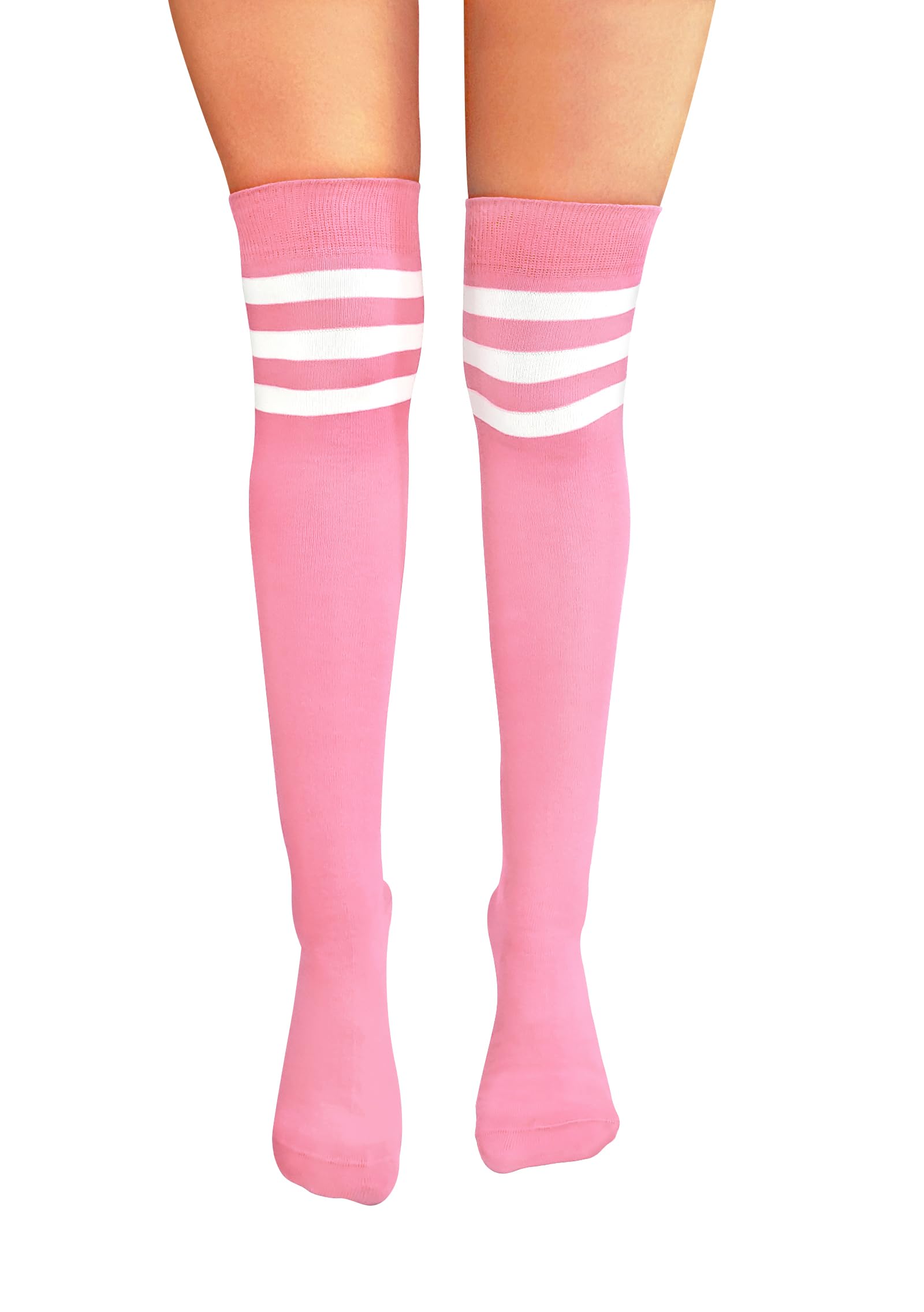 Nujake Women's Baby Pink With White Referee Style Over The Knee Cotton Rich Socks (Baby Pink With White)