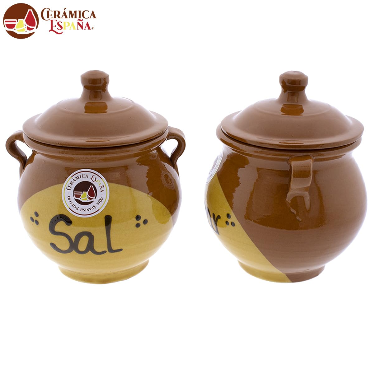 CERÁMICA ESPAÑA | Saliera e Zuccheriera rustica in ceramica | Barattoli da cucina | Vasetti originali | Set x2 Saliera e Zuccheriera cucina - Modello M02 | 100% fatto a mano | 14x12x15 cm