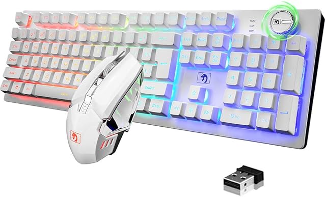 FELiCON K620 Wireless Gaming Keyboard and Mouse Combo, Mechanical Feel Rechargeable 100% Keyboard 4800 mAh, 16 Light Up RGB LED QWERTY US Layout+PC Gaming Mice with 2.4G Receiver for PC Mac PS4-White