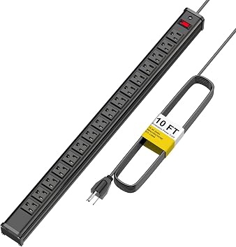 Long Surge Protector Power Strip,16 Outlet Heavy Duty Power Strip Metal Power Bar,10 FT Long Extension Cord with Circuit Breaker for Garage,Workshop,Industrial125V/1875W, ETL Listed,Black