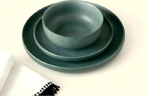 Miniatura 4 de Juego de platos y cuencos para 4, juegos de 12 piezas, acabado verde mate, vajilla de cerámica apta para microondas y lavavajillas