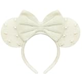 Beige Fuzzy Mouse Ears Headband for Women, Cute Beads Headband with Bows,Halloween Costume Accessory