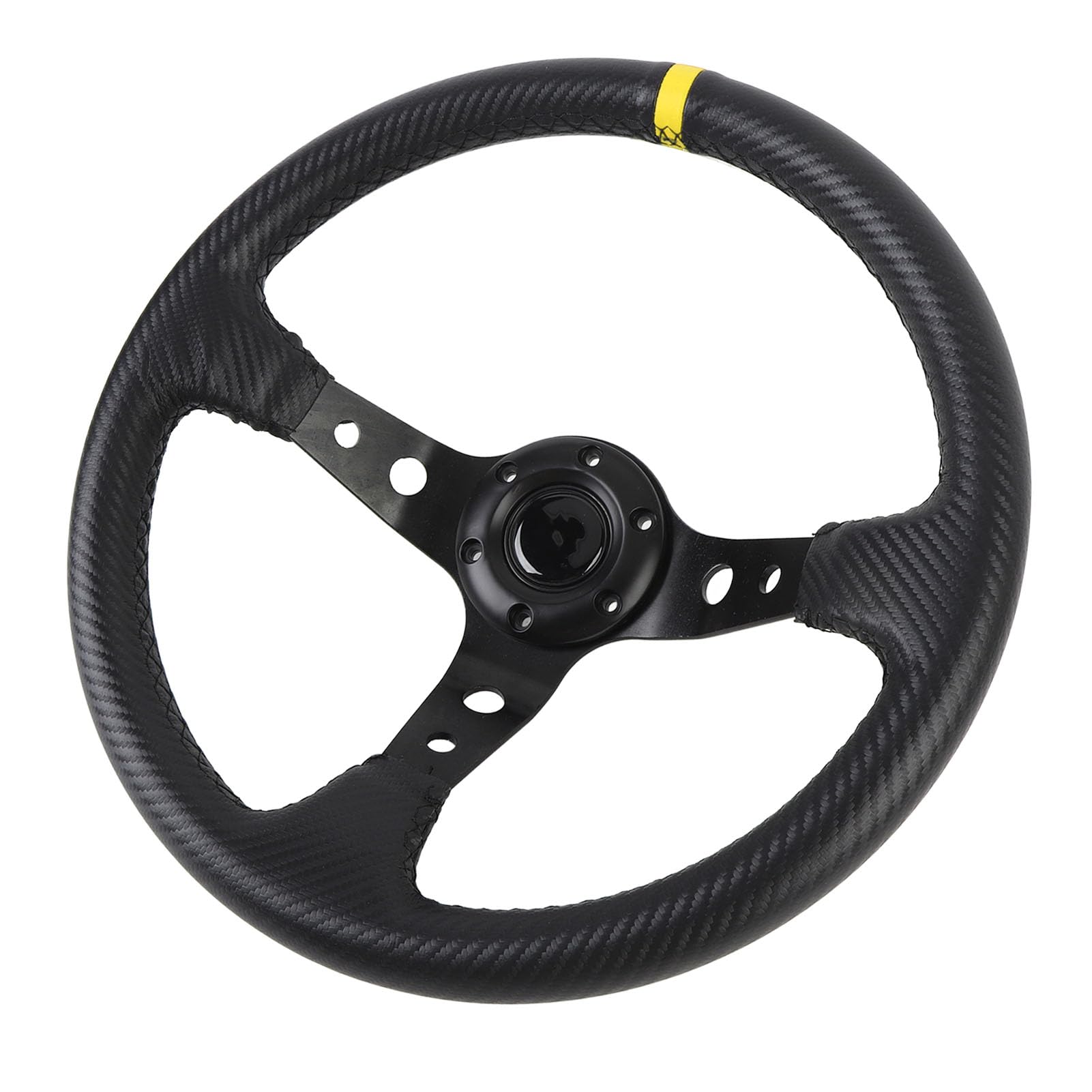 Volante da da 14 pollici, volante sportivo universale a profilo profondo con pulsante per clacson, telaio in alluminio con aspetto in fibra di carbonio rivestito in pelle PU (Gialla)