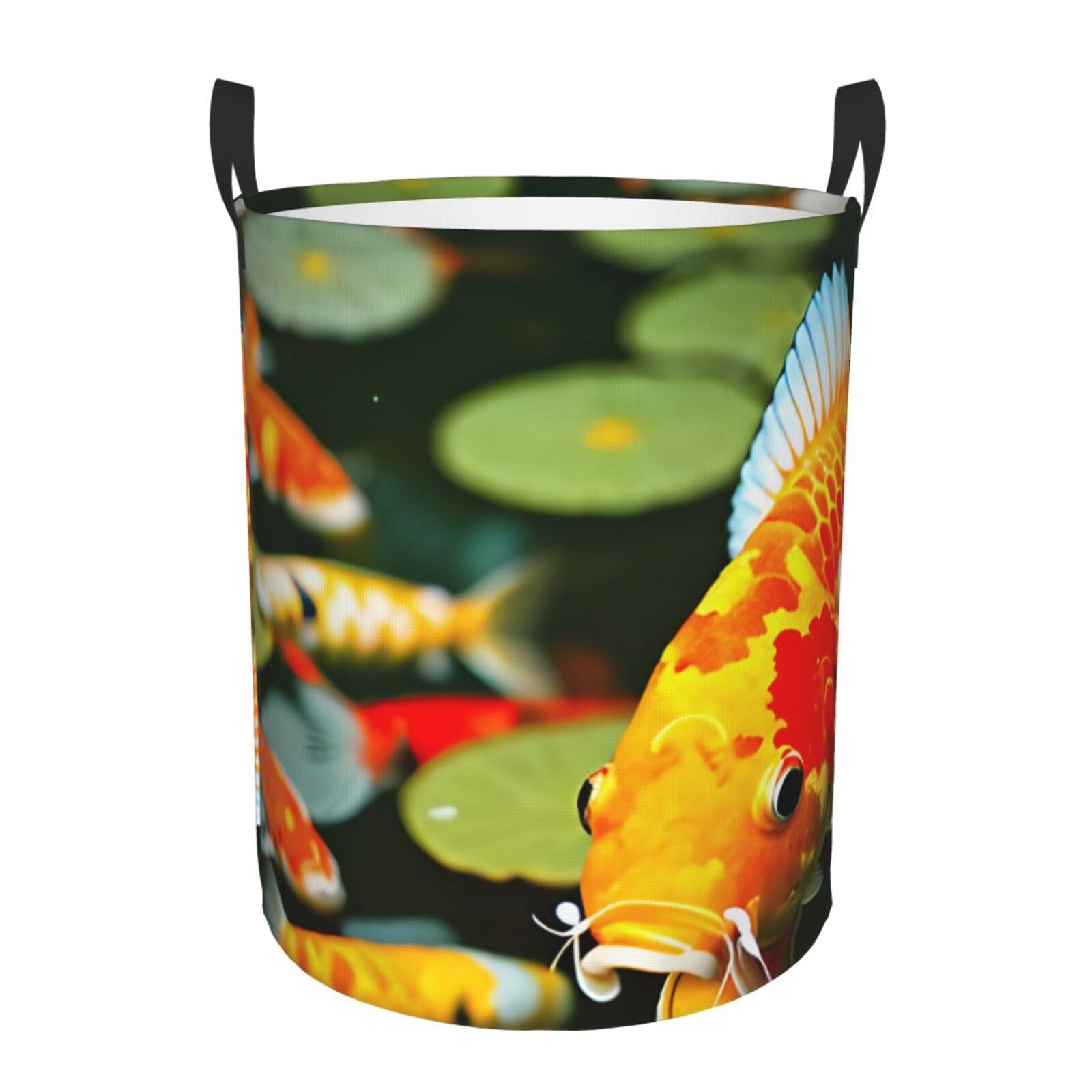 Japanese Pretty Koi Fish Print Round Laundry Hamper for Clothes Bedroom Bathroom Collapsible Basket Storage Bin