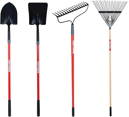 Craftsman Nuevo paquete de propietarios de viviendas palas de punta redonda y punta cuadrada, rastrillos de arco y hojas, cabeza de acero, mango de