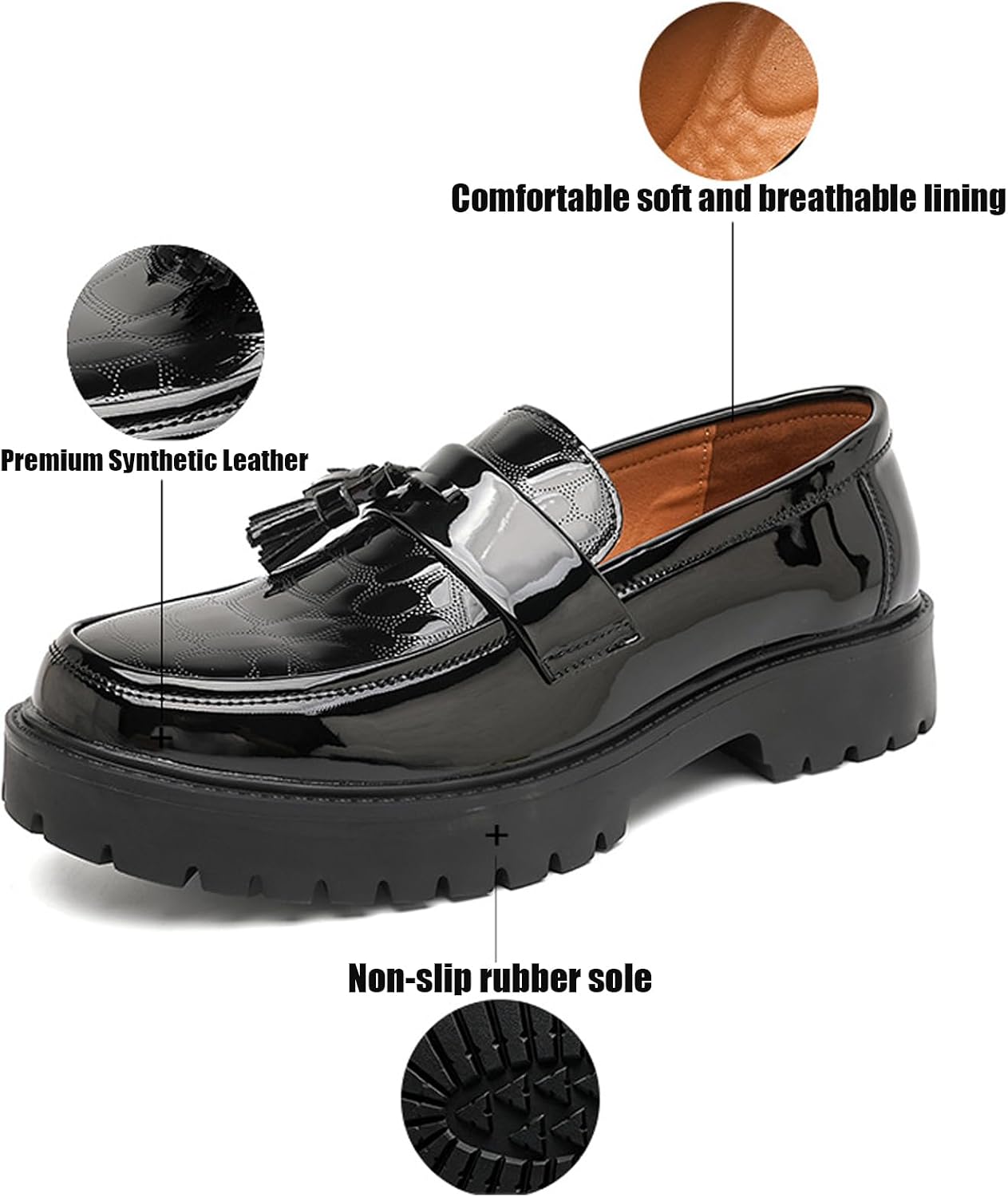 Men's Patent Leather Platform Chunky Slip-On Loafers Fashion Round Toe Slip-On Tassels Business Dress Work Shoes with Non-Slip Lug Sole for Work and Daily Casual Wear